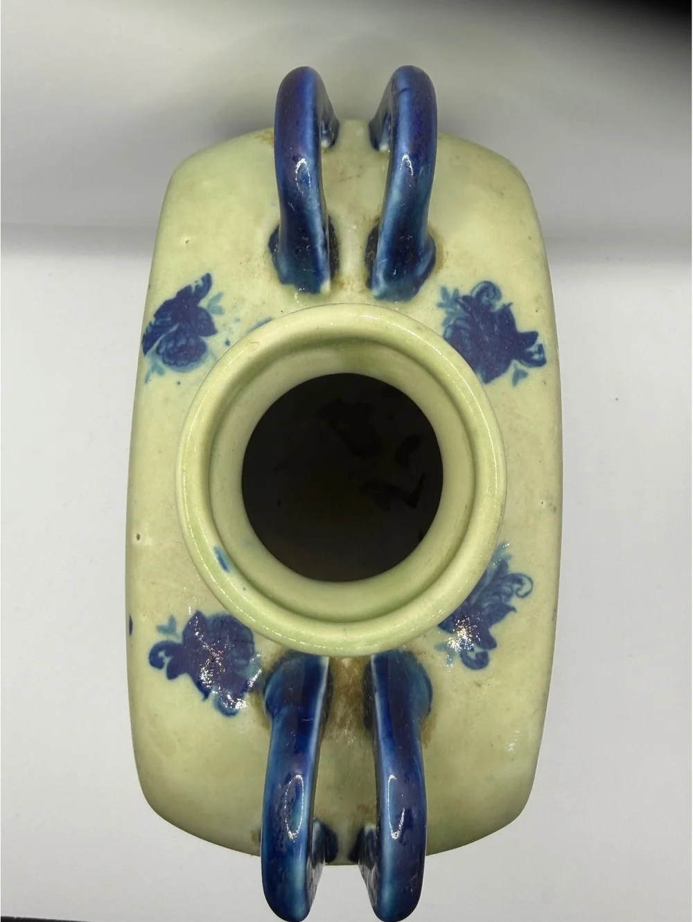 Vintage Ceramic Vase with Blue Floral Design and Dual Handles